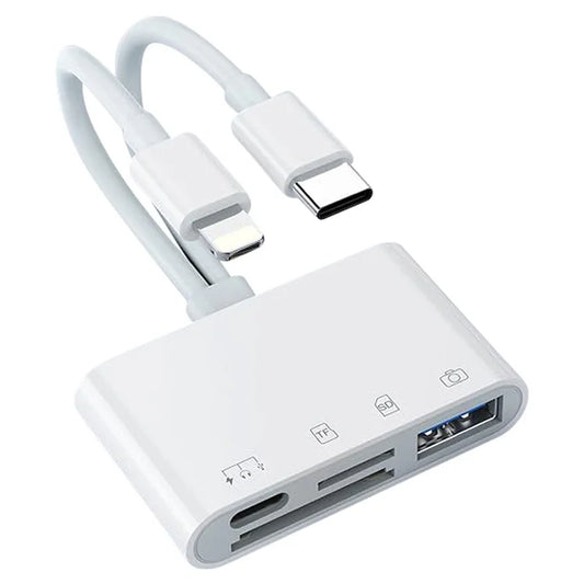 NK-104pro USB-C / 8-pin SD TF Card Reader 4-in-2 Camera Memory Card Reader SD+TF+USB OTG+USB-C Charging Adapter