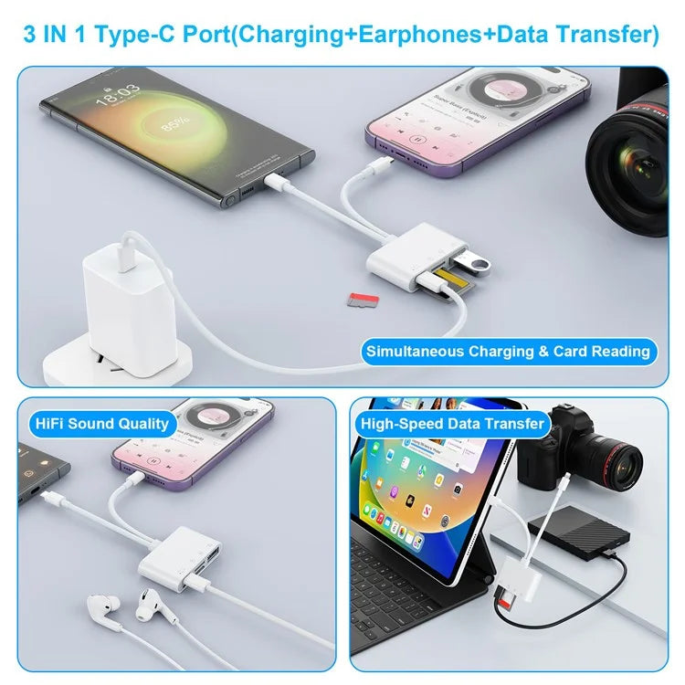 NK-104pro USB-C / 8-pin SD TF Card Reader 4-in-2 Camera Memory Card Reader SD+TF+USB OTG+USB-C Charging Adapter