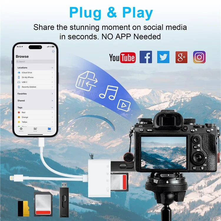 NK-104pro USB-C / 8-pin SD TF Card Reader 4-in-2 Camera Memory Card Reader SD+TF+USB OTG+USB-C Charging Adapter