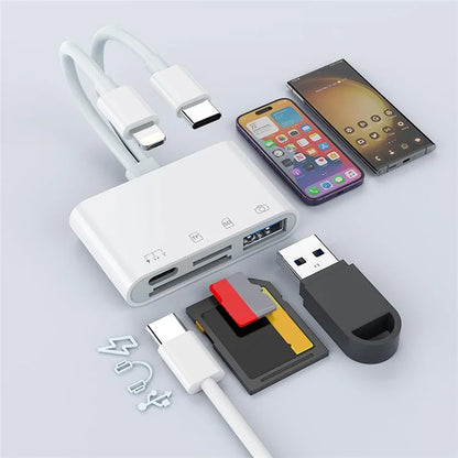 NK-104pro USB-C / 8-pin SD TF Card Reader 4-in-2 Camera Memory Card Reader SD+TF+USB OTG+USB-C Charging Adapter