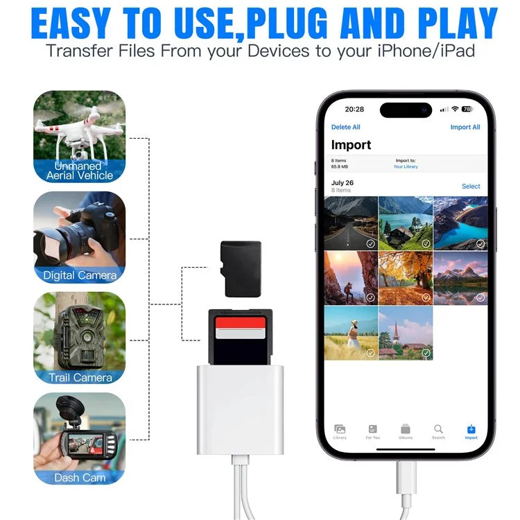 SD / TF Card Reader Driver Free Adapter with 8-pin + Type-C Cable for Apple and Android