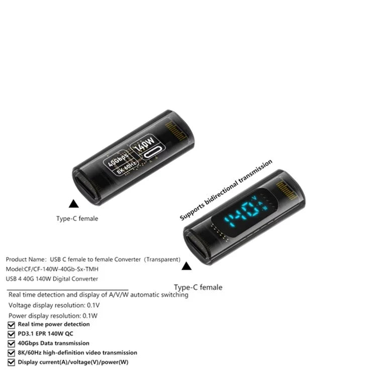 Type-C Female to Type-C Female 40Gbps PD 140W Digital Display Charging Data Transmission Adapter