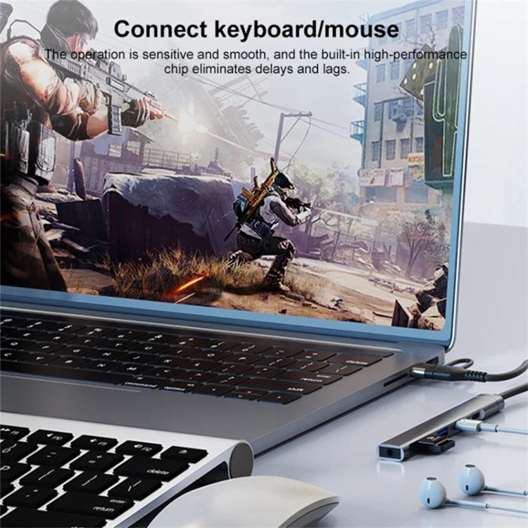Type-C / 8-Pin 5-in-1 USB Hub Type-C Charging + Type-C Data + 2xUSB + 3.5mm Headphone Jack Adapter