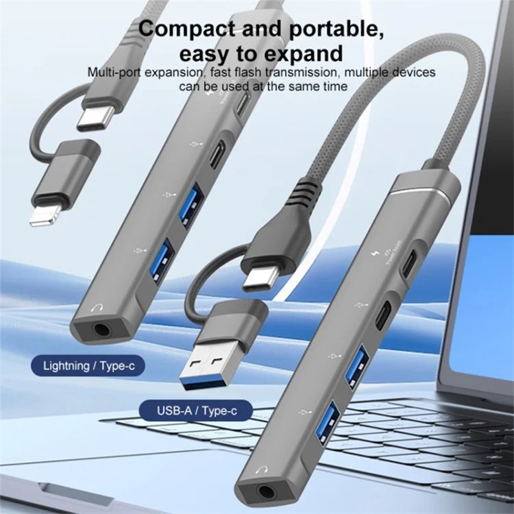 Type-C / 8-Pin 5-in-1 USB Hub Type-C Charging + Type-C Data + 2xUSB + 3.5mm Headphone Jack Adapter