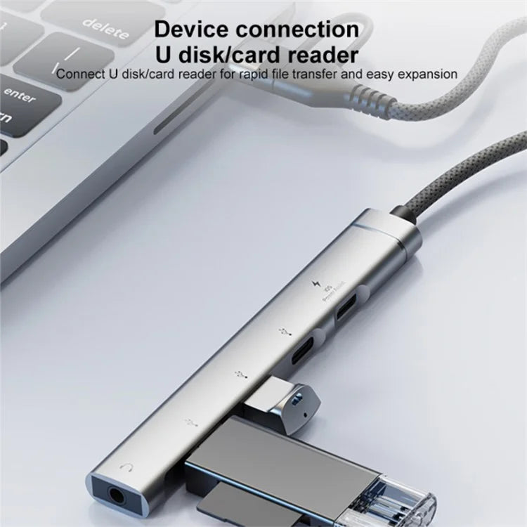 Type-C / 8-Pin 5-in-1 USB Hub Type-C Charging + Type-C Data + 2xUSB + 3.5mm Headphone Jack Adapter