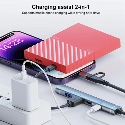 Type-C / 8-Pin 5-in-1 USB Hub Type-C Charging + Type-C Data + 2xUSB + 3.5mm Headphone Jack Adapter