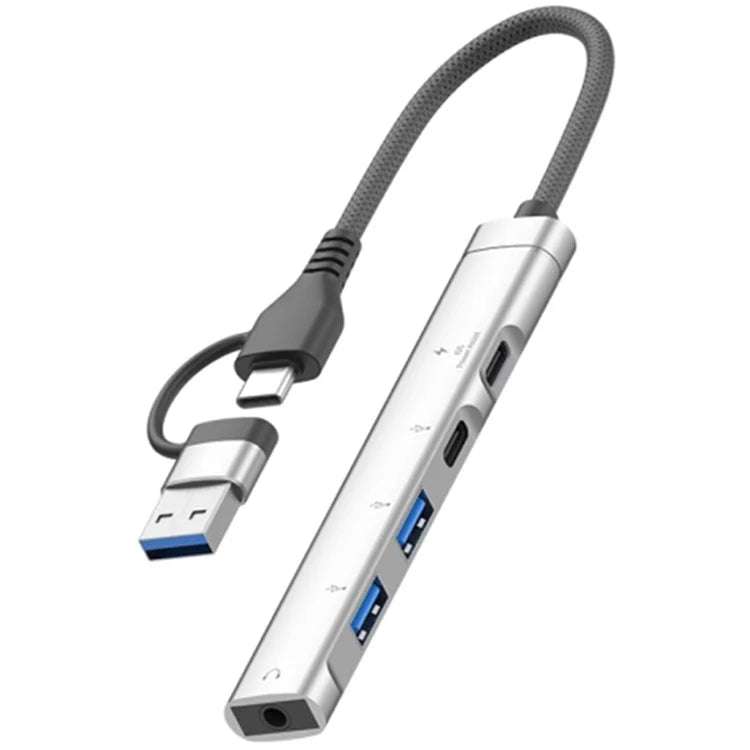Type-C / USB-A 5-in-1 USB Hub Type-C Charging + Type-C Data + 2xUSB + 3.5mm Headset Jack Adapter