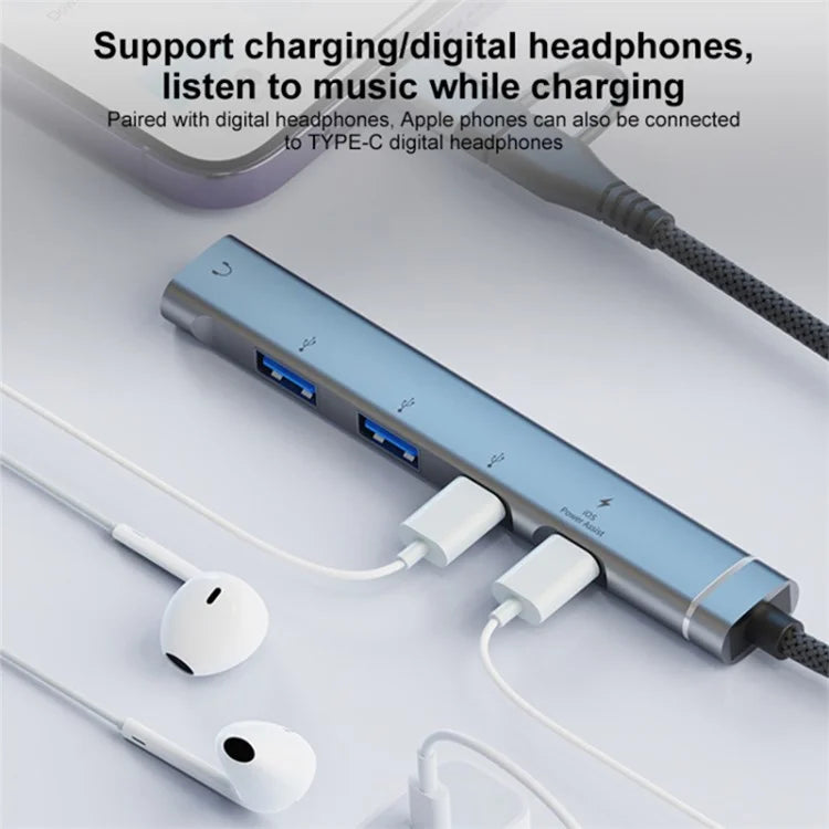 Type-C / USB-A 5-in-1 USB Hub Type-C Charging + Type-C Data + 2xUSB + 3.5mm Headset Jack Adapter