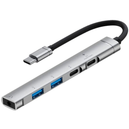 5-in-1 USB Hub Type-C to Type-C Charging + Type-C Data + 2 X USB2.0 + 3.5mm Headphone Jack Adapter