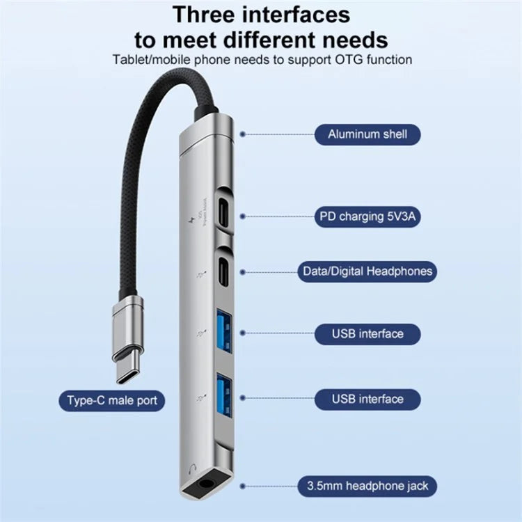 5-in-1 USB Hub Type-C to Type-C Charging + Type-C Data + 2 X USB2.0 + 3.5mm Headphone Jack Adapter