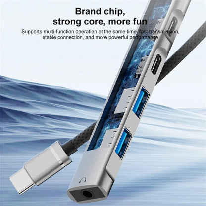 5-in-1 USB Hub Type-C to Type-C Charging + Type-C Data + 2 X USB2.0 + 3.5mm Headphone Jack Adapter