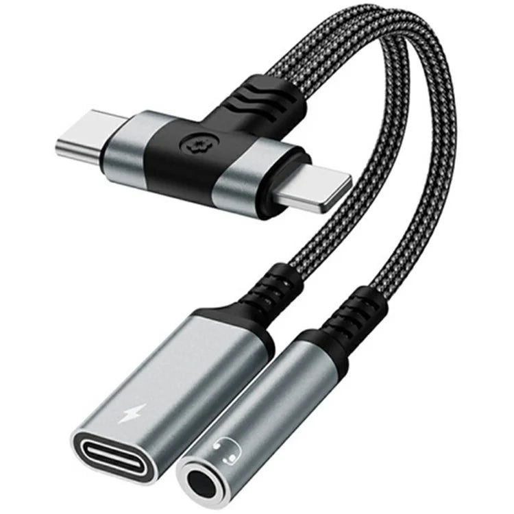 8 Pin / Type-C to Type-C + 3.5mm Audio Converter Nylon Braided Cable Support 10W Fast Charging