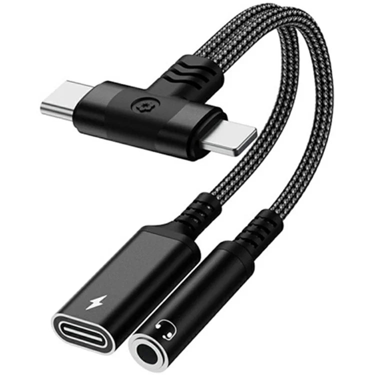 8 Pin / Type-C to Type-C + 3.5mm Audio Converter Nylon Braided Cable Support 10W Fast Charging