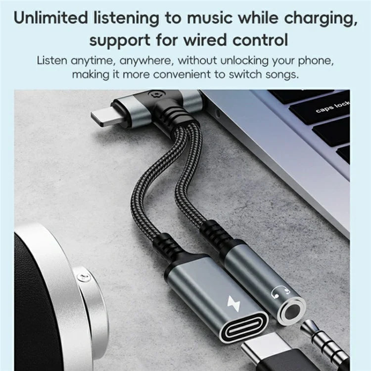 8 Pin / Type-C to Type-C + 3.5mm Audio Converter Nylon Braided Cable Support 10W Fast Charging