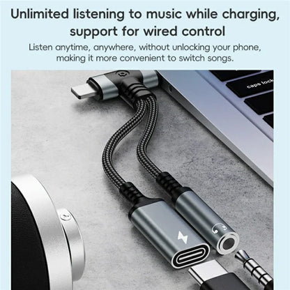 8 Pin / Type-C to Type-C + 3.5mm Audio Converter Nylon Braided Cable Support 10W Fast Charging