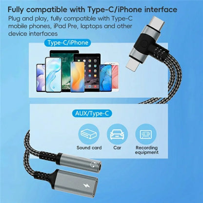 8 Pin / Type-C to Type-C + 3.5mm Audio Converter Nylon Braided Cable Support 10W Fast Charging
