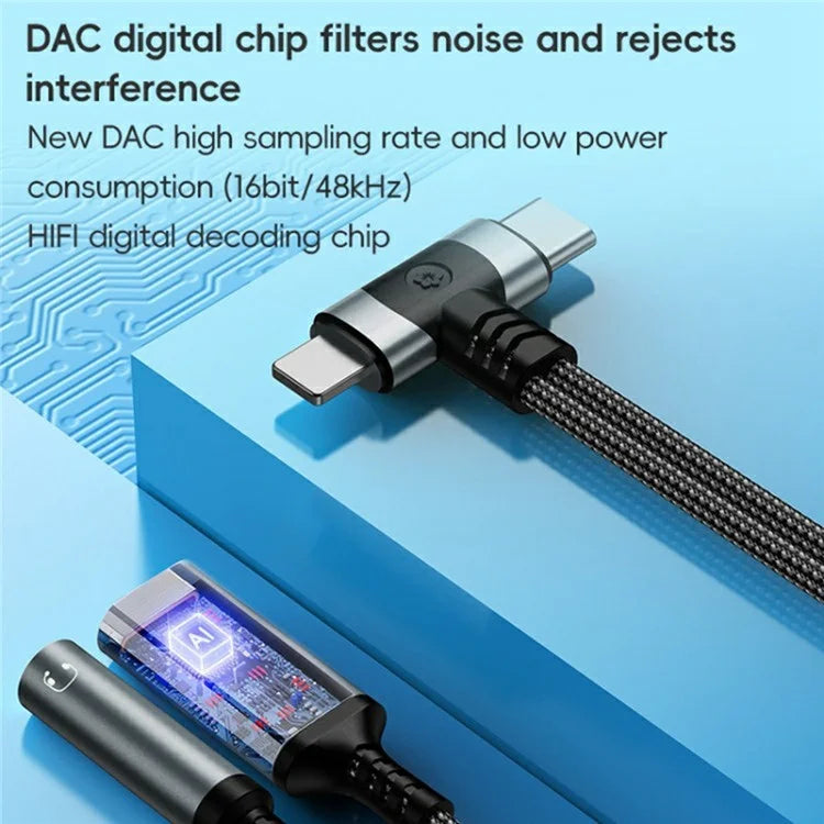 8 Pin / Type-C to Type-C + 3.5mm Audio Converter Nylon Braided Cable Support 10W Fast Charging