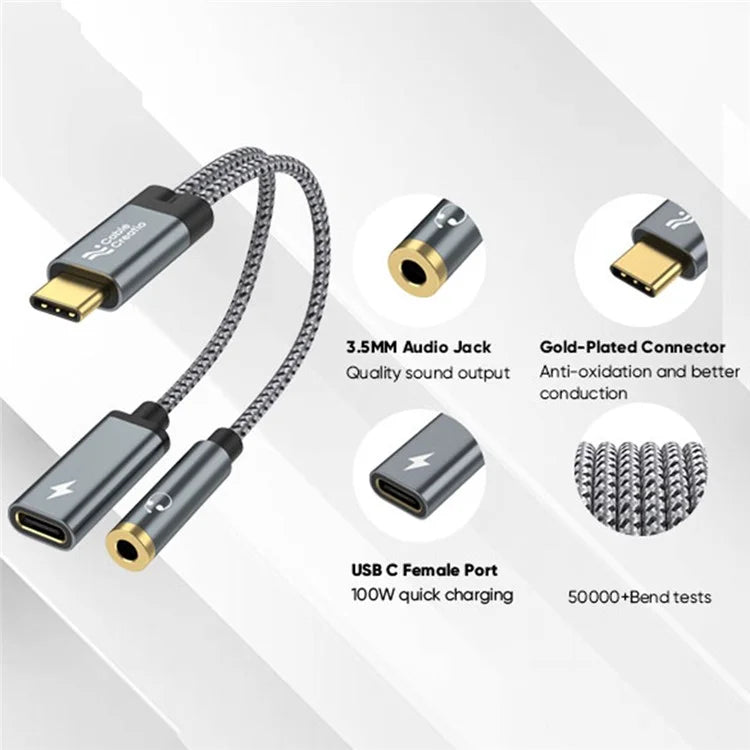 CABLECREATION CD0857 2-in-1 Type-C Gold-Plated Male to Type-C Female + 3.5mm Female Adapter Cable