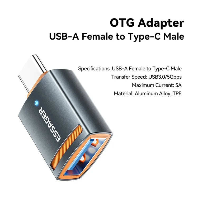 ESSAGER USB Female to Type-C Male Adapter Aluminum Alloy OTG Connector