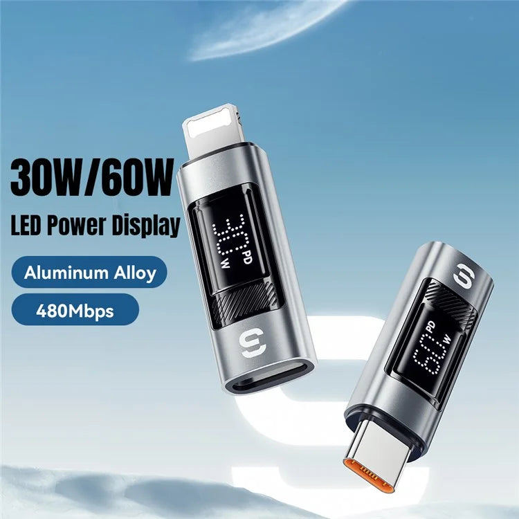 ESSAGER Fast Charging Adapter 480Mbps Aluminum Alloy Mini Converter with Digital Display - iP Female to Type-C Male