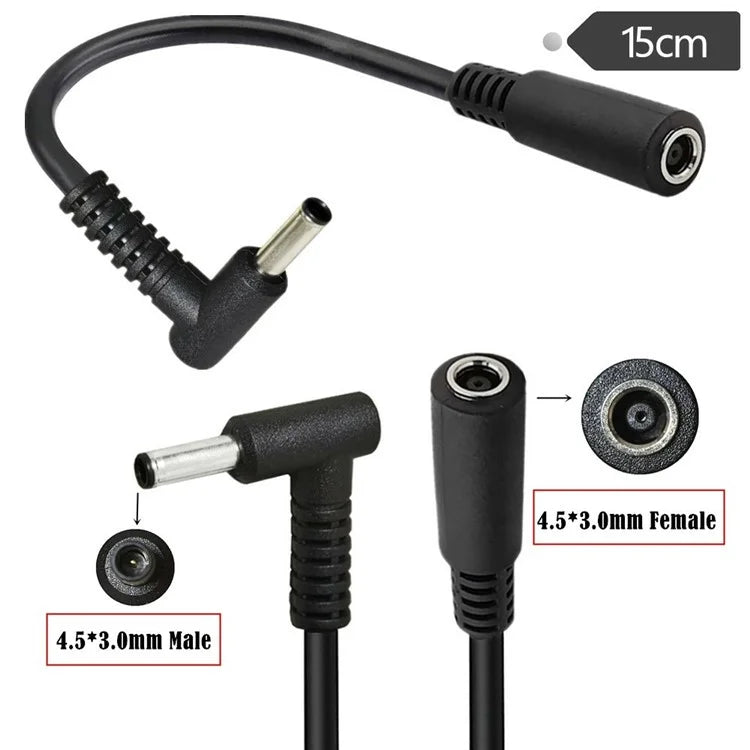 15cm 90 Degree 4.5mmx3.0mm Male to Female Adapter DC Power Connector Cable for HP / Dell Laptops
