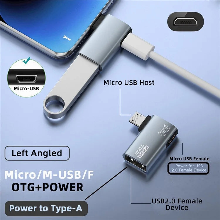 U2-009-LE 90 Degree Left Angled Micro USB 2.0 to Type-A Female OTG Adapter with USB Power for Phone Tablet