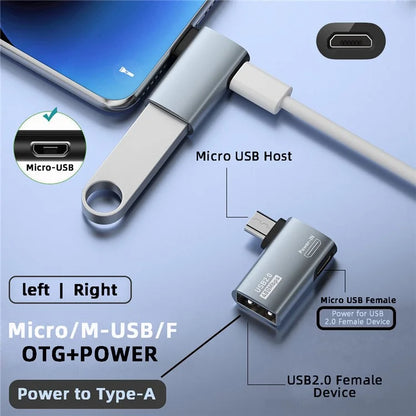 U2-009-RI For Phone Tablet Right Angled 90 Degree Micro USB 2.0 to Type-A Female OTG Adapter with USB Power