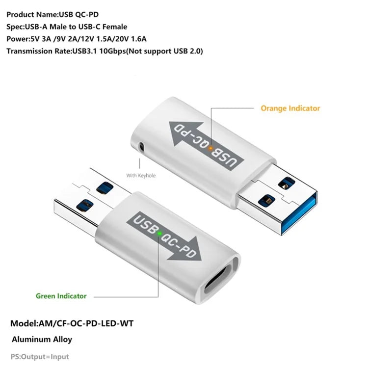 AM / CF-OC-PD USB-A QC3.1 to Type-C PD Converter LED Indicator 10Gbps USB Adapter