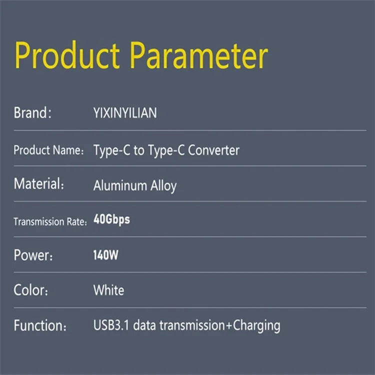 USB 3.1 USB-C Male to Type-C Male Adapter 40Gpbs Data Transfer 140W Charging