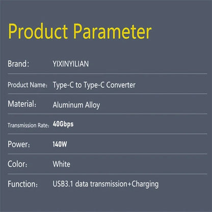 USB 3.1 USB-C Male to Type-C Male Adapter 40Gpbs Data Transfer 140W Charging