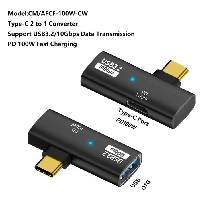 USB 3.2 Adapter Type-C to USB-A  /  USB-C Adapter 10Gbps OTG USB-C 2 to 1 Converter with PD 100W ChargeBlack