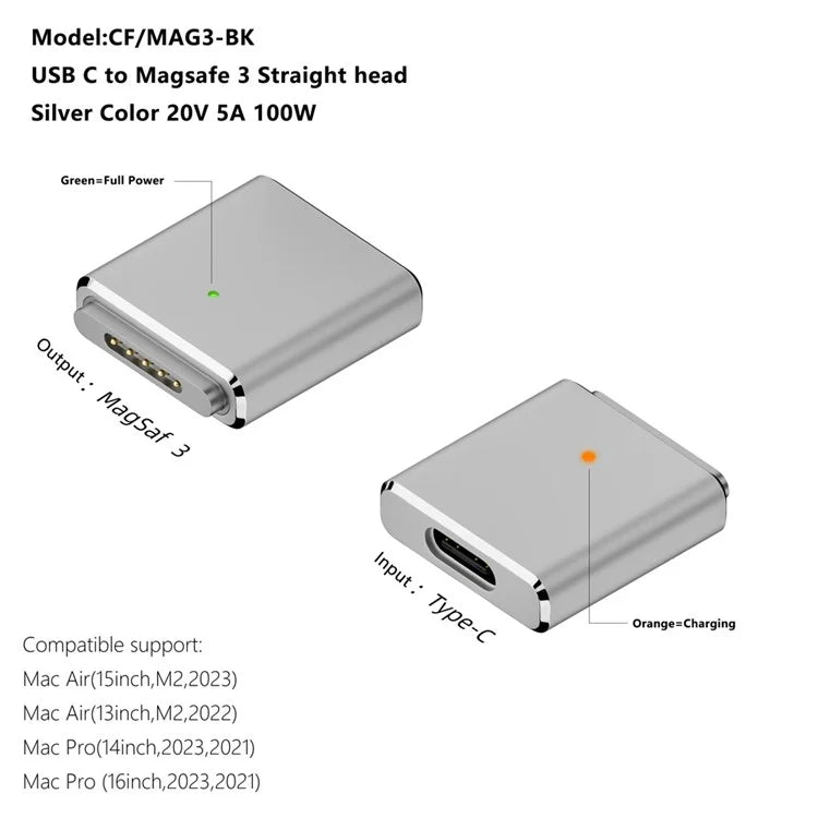 Compatible with MagSafe 3 USB-C Female to Magnetic PD 100W Charging Adapter for MacBook