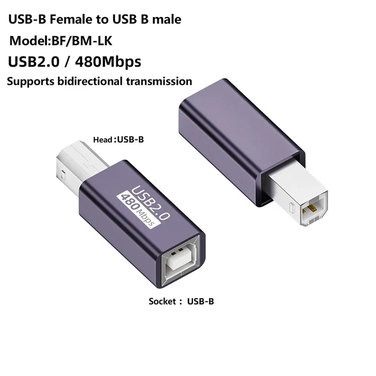 USB-B Female to USB-B Male Converter Adapter, 480Mbps Data Connector Plug for Electric Piano / Printer