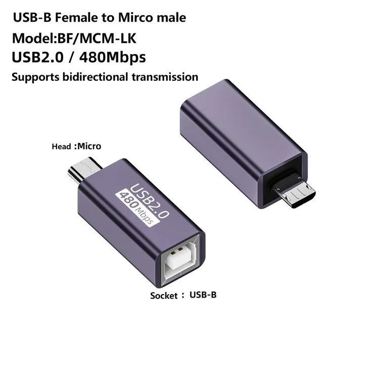 USB-B Female to Micro USB Male 480Mbps Adapter Electric Piano Printer Connector