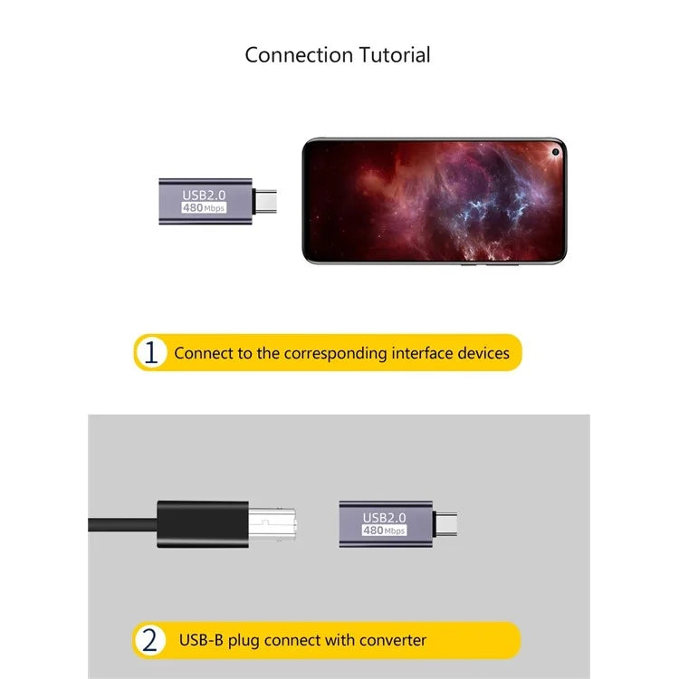 USB-B Female to USB-C Male Converter Adapter 480Mbps Data Transfer Connector for Electric Piano / Printer