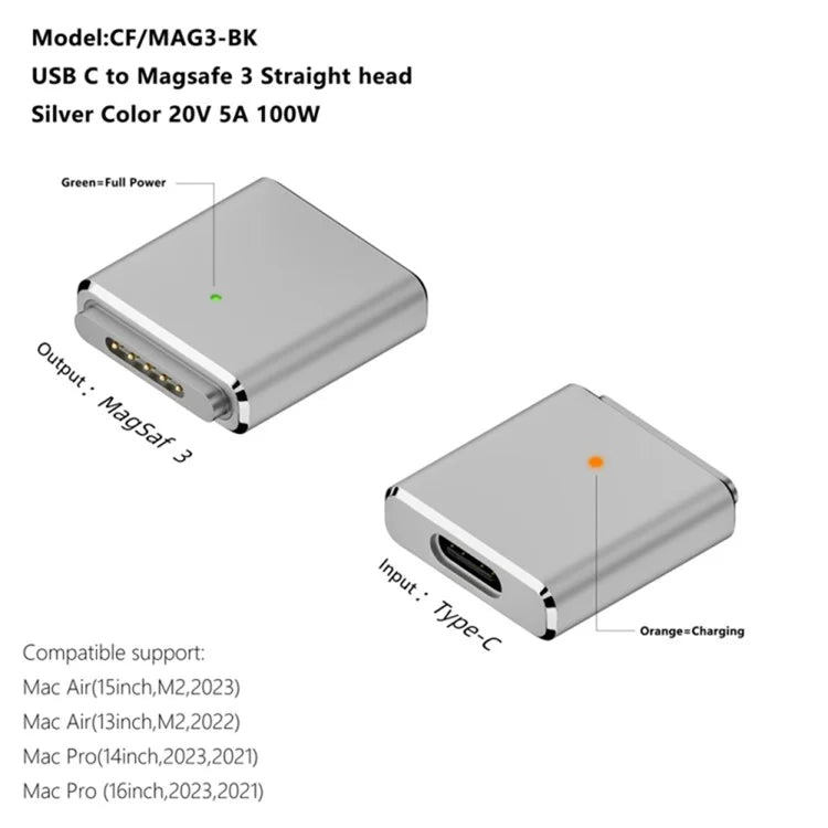 For MacBook PD 100W Compatible with MagSafe 3 to Type C Female Aluminum Alloy Converter