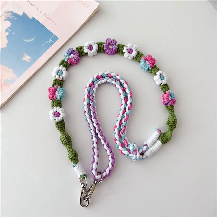Braided Flower Phone Lanyard Cotton Rope Adjustable Crossbody Strap, Length: 120cm