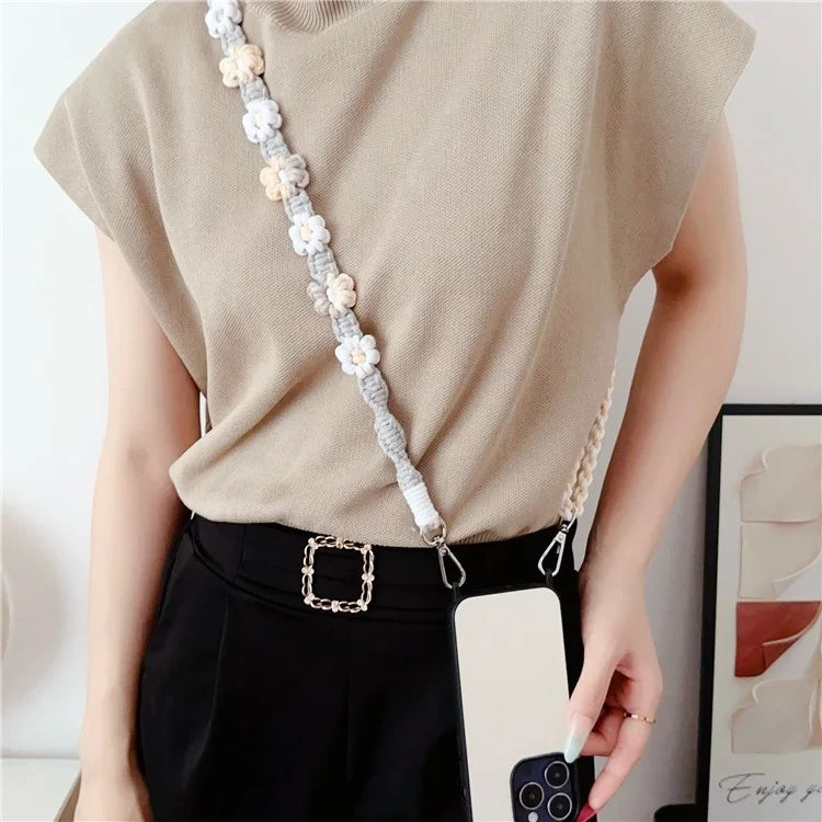 Braided Flower Phone Lanyard Cotton Rope Adjustable Crossbody Strap, Length: 120cm