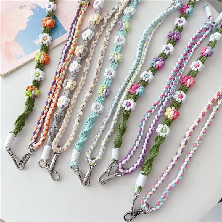 Braided Flower Phone Lanyard Cotton Rope Adjustable Crossbody Strap, Length: 120cm