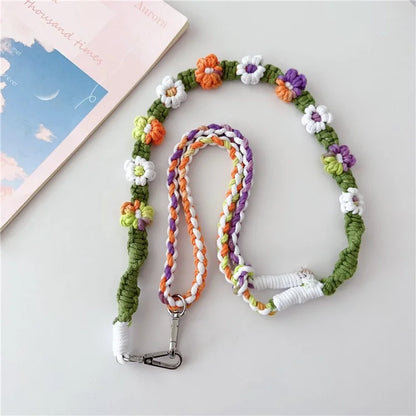 Braided Flower Phone Lanyard Cotton Rope Adjustable Crossbody Strap, Length: 120cm