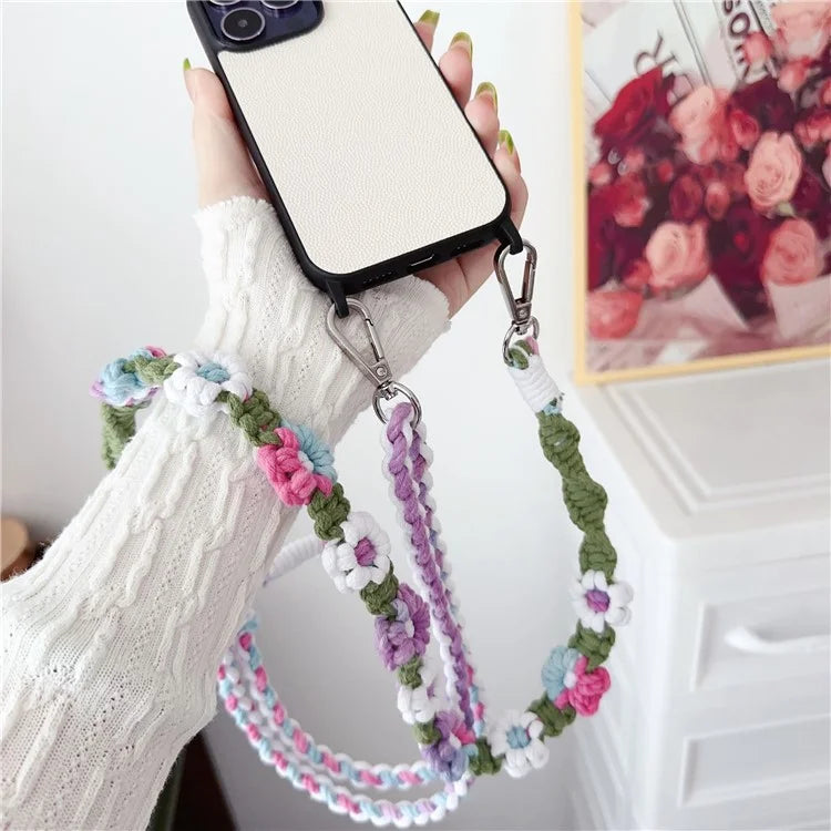 Braided Flower Phone Lanyard Cotton Rope Adjustable Crossbody Strap, Length: 120cm