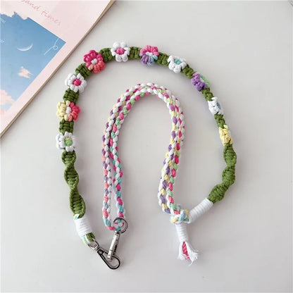 Braided Flower Phone Lanyard Cotton Rope Adjustable Crossbody Strap, Length: 120cm