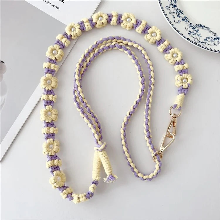 Adjustable Phone Lanyard Cotton Rope Braided Daisy Flower Crossbody Strap, Length: 120cm