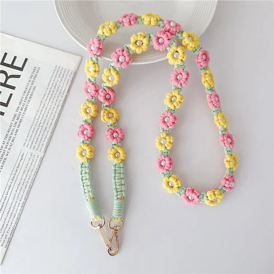 Phone Lanyard Cotton Rope Braided Daisy Flower Crossbody Strap, Length: 120cm