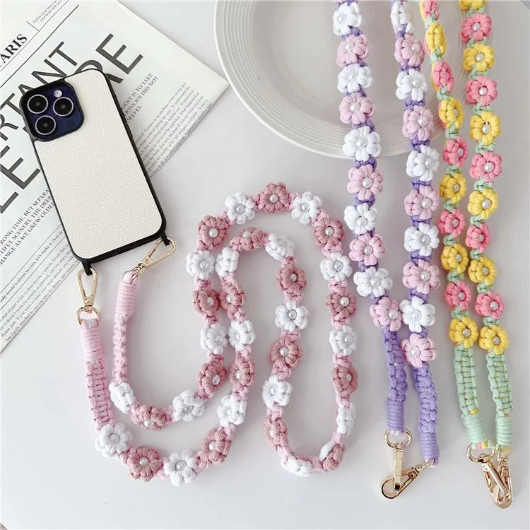 Phone Lanyard Cotton Rope Braided Daisy Flower Crossbody Strap, Length: 120cm
