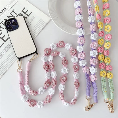 Phone Lanyard Cotton Rope Braided Daisy Flower Crossbody Strap, Length: 120cm