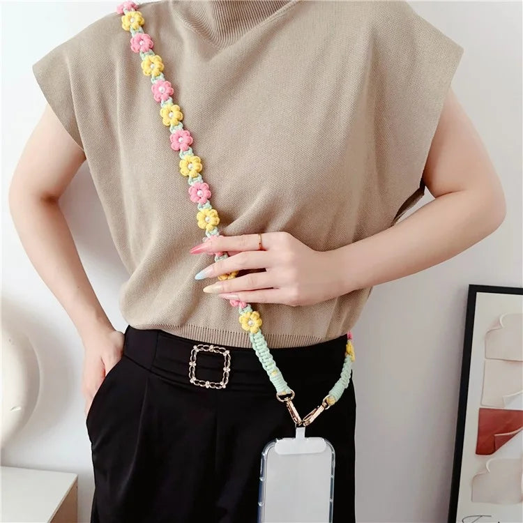 Phone Lanyard Cotton Rope Braided Daisy Flower Crossbody Strap, Length: 120cm