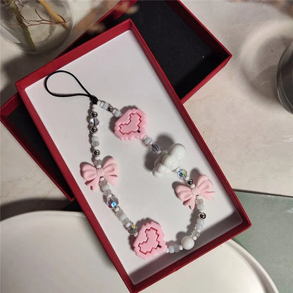 Beaded Phone Lanyard Heart Wrist Strap Bead Keychain Bracelet, Length: 16cm+5cm
