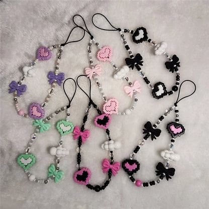 Beaded Phone Lanyard Heart Wrist Strap Bead Keychain Bracelet, Length: 16cm+5cm