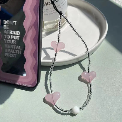 Beaded Phone Lanyard Glass Bead Heart Decor Phone Chain Anti-Lost, Length: 16cm+5cm
